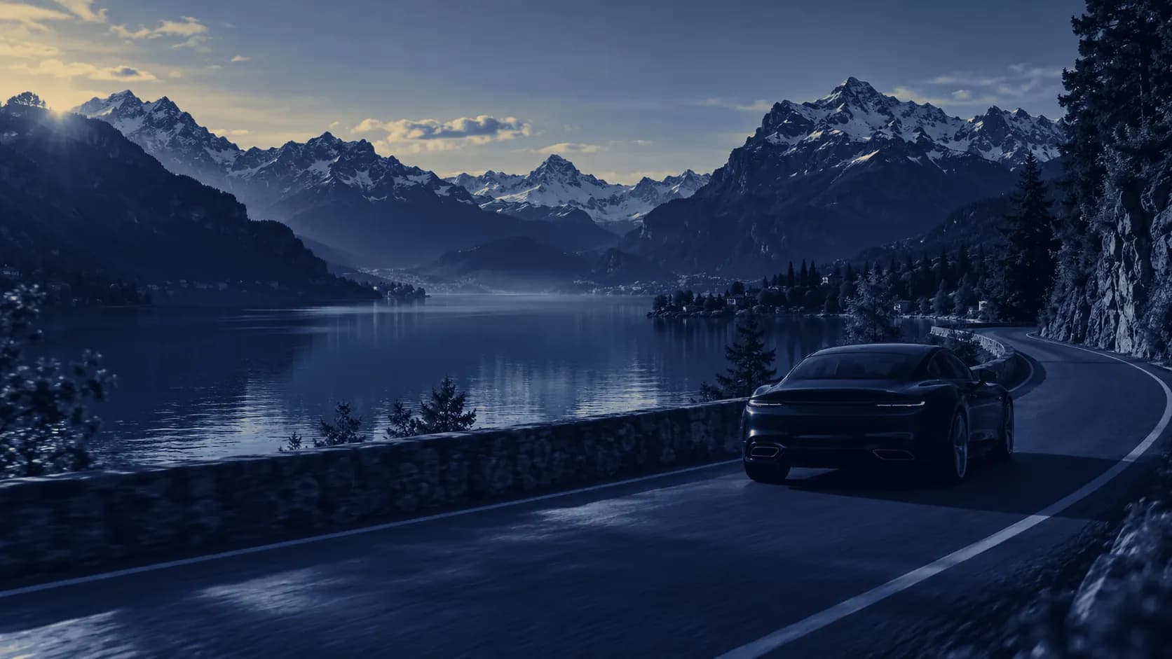 Illustration d’un grand tourisme sur une route au bord d’un lac alpin